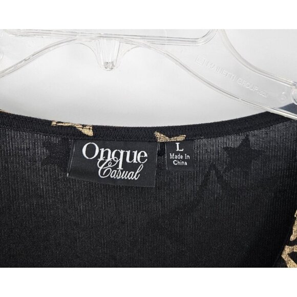 Onque Causal Sz L Black w/Gold Stars Stretch Long Sleeve Pullover Tunic Top - Picture 3 of 5